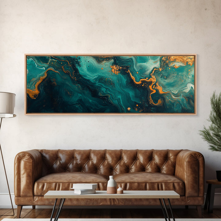 Abstract Fluid Painting Turquoise and Gold Swirl Wall Art Marble Aesthetic Artwork Luxury Modern Decor Dining Room