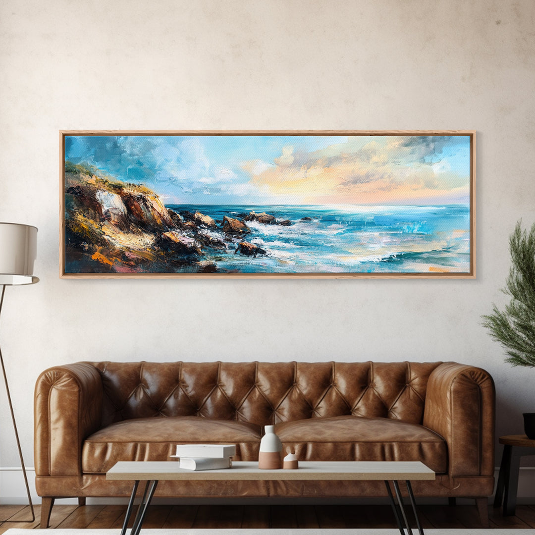 Rocky Ocean Shoreline Framed Canvas Print, Textured Seascape Painting, Beach House Wall Art, Coastal Living Room Decor, Wave Artwork