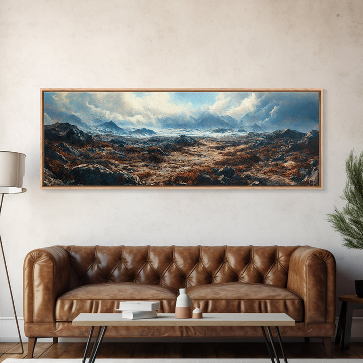Moody Mountain Landscape Framed Canvas Print Dramatic Nature Art, Rustic Cabin Decor, Stormy Sky Painting, Wilderness Wall Art