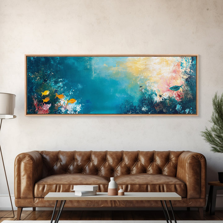 Abstract Ocean Reef Framed Canvas Print Coastal Wall Art, Underwater Seascape, Beach House Decor, Nautical Theme, Blue Wall Art