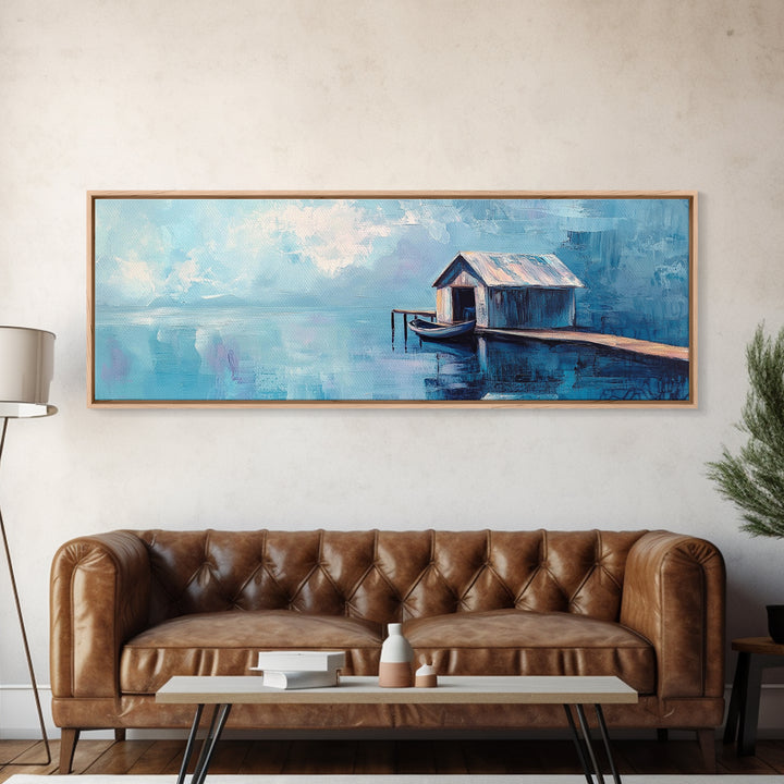 Blue Boathouse Canvas Print Tranquil Lake Scene Wall Art Nautical Cabin Decor Coastal Painting Minimalist Blue Wall Art Living Room