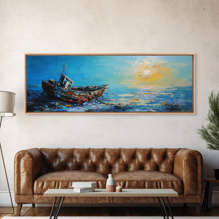 Abandoned Boat Canvas Print Nautical Wall Art, Coastal Decor, Seascape Painting, Ocean Inspired Artwork, Living Room Aesthetic