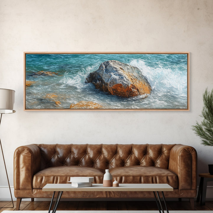 Ocean Rock Waves Framed Canvas Print Coastal Nature Wall Art, Beach Landscape Painting, Rustic Seascape Decor, Home Accent