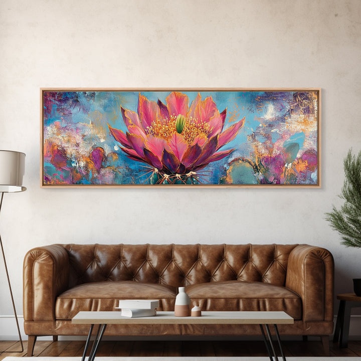 Blooming Cactus Art Framed Canvas Print Boho Floral Wall Art Desert Home Decor Vibrant Succulent Painting Southwestern Gift
