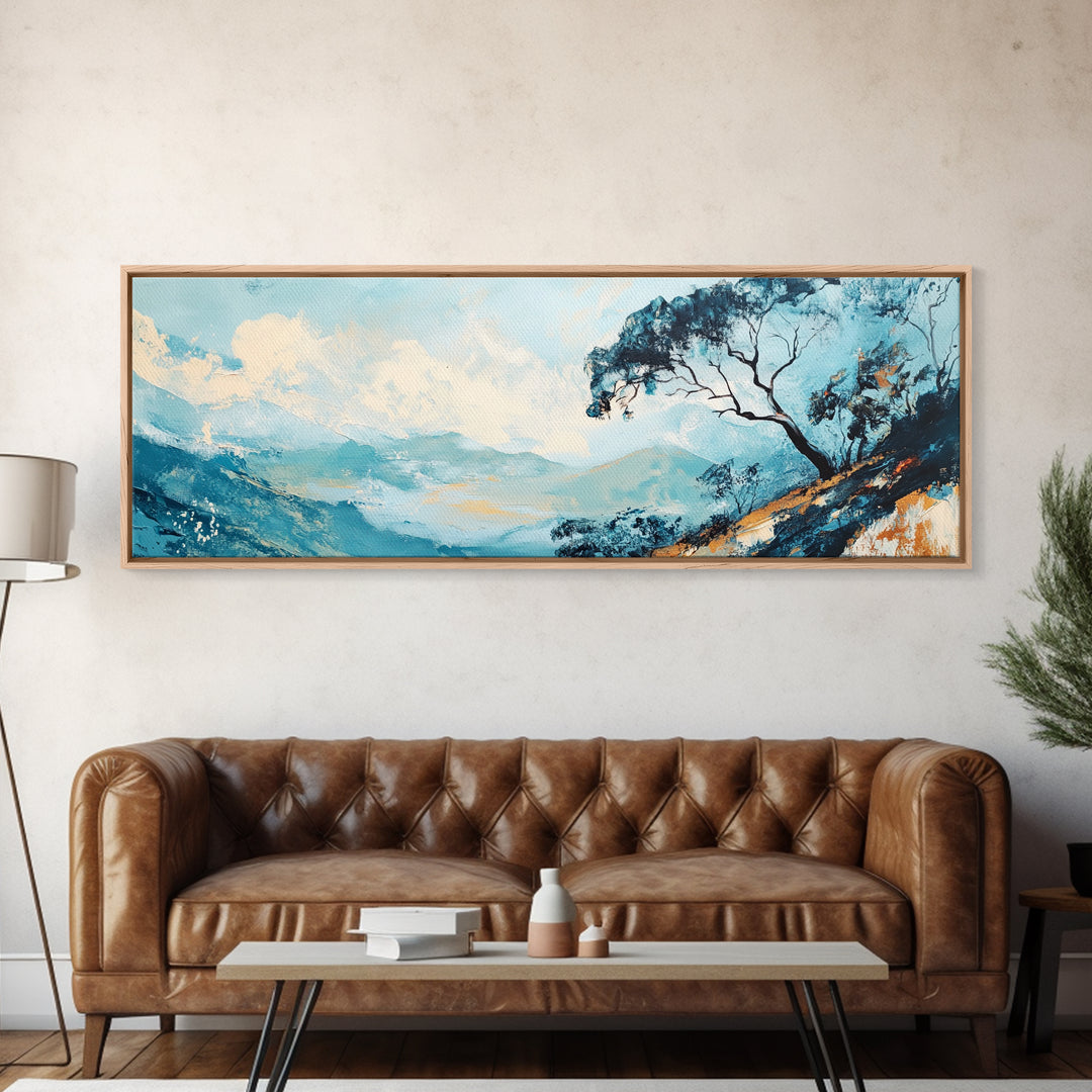 Blue Mountains, Windswept Tree, Minimalist Wall Art, Canvas Print, Modern Landscape, Bedroom Decor, Serene Nature Painting, Abstract Art