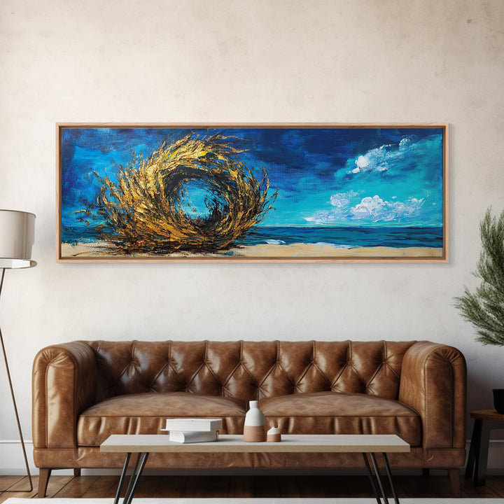 Ocean Swirl, Golden Waves, Abstract Beach Art, Framed Canvas Print, Modern Coastal Decor, Statement Wall Art, Ocean Vortex, Vibrant Blue