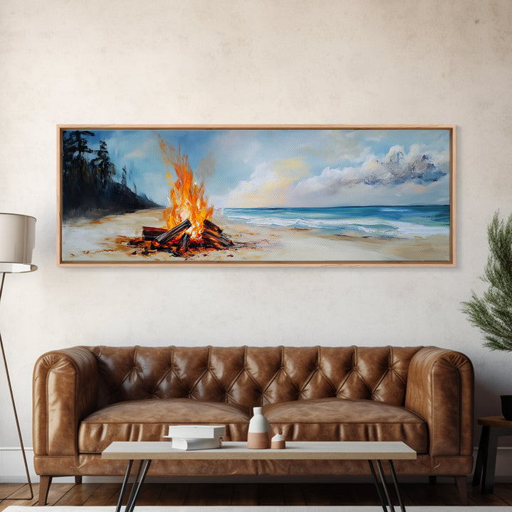 Beach Bonfire Glow Framed Canvas Print Coastal Sunset Wall Art Ocean Retreat Decor Vibrant Campfire Painting Summer Gift