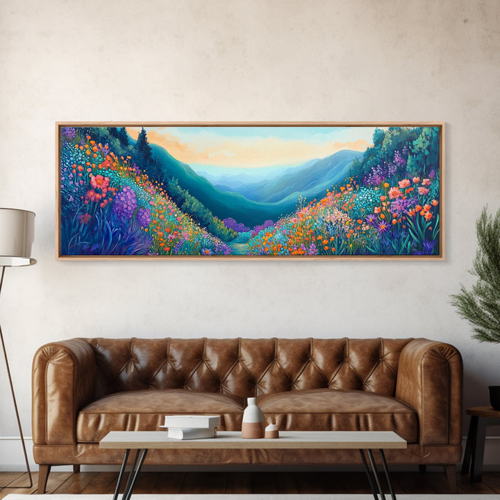 Mountain Wildflowers, Vibrant Landscape Art, Nature Painting, Cabin Wall Decor, Springtime Art, Living Room Print, Canvas Print