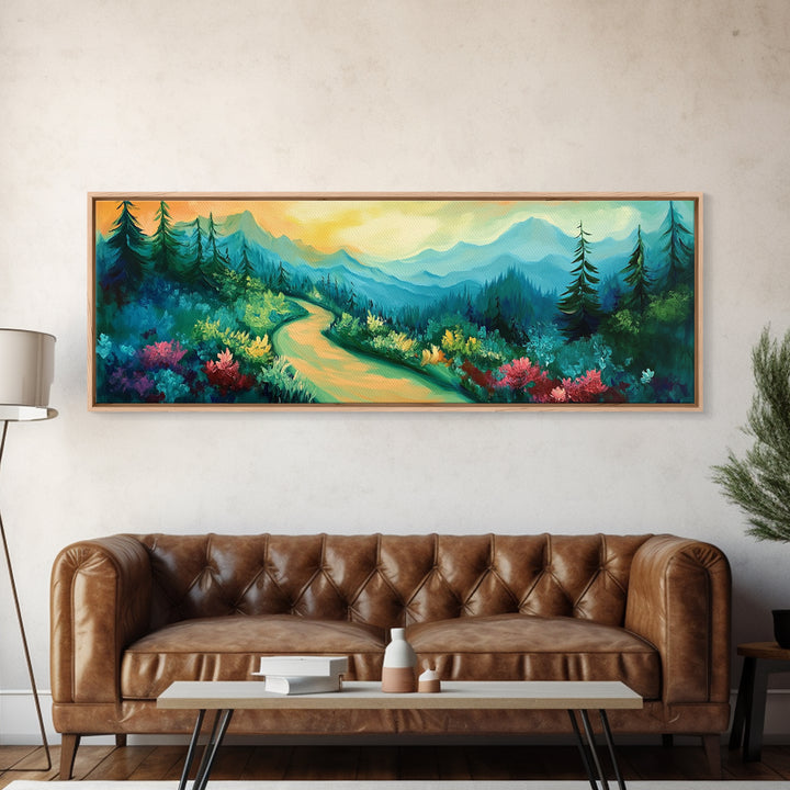 Forest Trail, Scenic Landscape Art, Green Nature Painting, Serene Hiking Scene, Cabin Wall Decor, Home Print, Framed Canvas Print