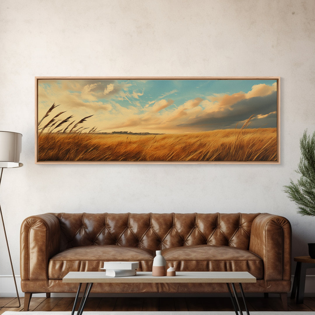 Golden Fields, Autumn Wind Art, Rustic Country Landscape, Farmhouse Home Decor, Living Room Art, Canvas Print, Framed Canvas Print