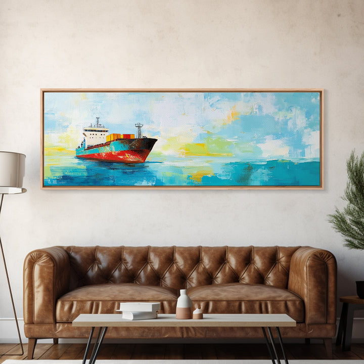 Cargo Ship Ocean Framed Canvas Print Nautical Wall Art, Maritime Decor, Industrial Seascape Painting, Coastal Living Room Artwork