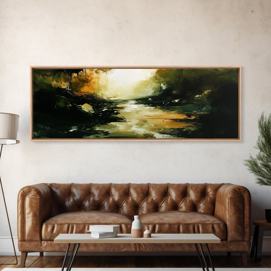 Dark Fantasy River Painting, Moody Abstract Landscape, Green and Gold Mystical Wall Art, Mysterious Hallway Decor, Framed Canvas Print
