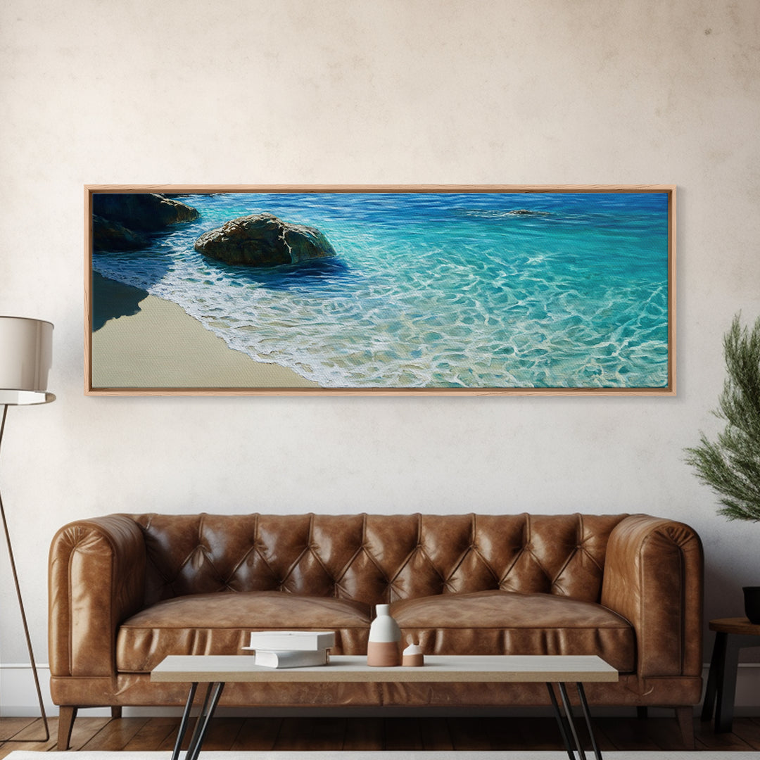 Ocean Shoreline Framed Canvas Print Coastal Beach Wall Art, Large Seascape Painting, Blue Sea Waves, Nautical Art, Bedroom Decor