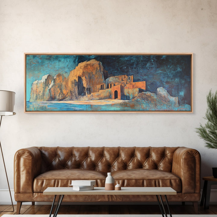 Ancient Ruins Canvas Print Rustic Landscape Wall Art, Mediterranean Decor, Boho Earthy Art, Dark Blue and Orange, Living Room Artwork