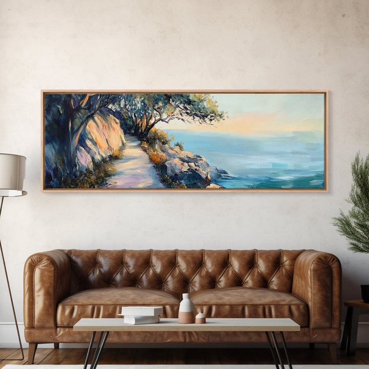 Coastal Cliff Walk Framed Canvas Print Serene Beach Pathway Painting, Sunset Seaside Art, Nature Landscape, Relaxing Home Wall Decor