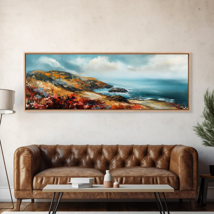 Coastal Cliffside Painting, Vibrant Seaside Landscape, Ocean Beach Art, Modern Nautical Wall Decor, Contemporary Bedroom Accent