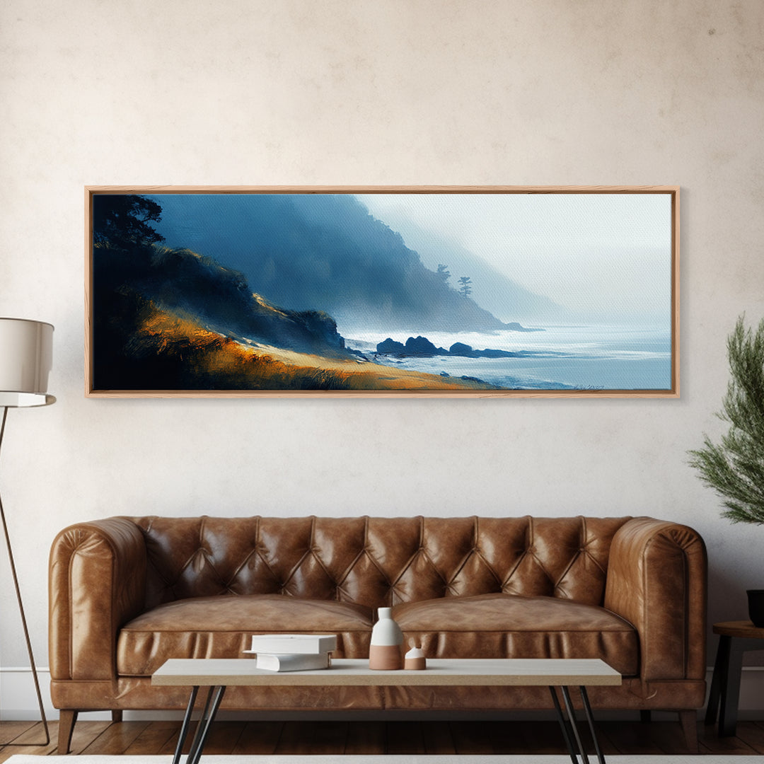 Dramatic Coastline Canvas Print Moody Seaside Painting, Stormy Ocean Landscape, Dark Blue Beach Wall Art, Living Room Decor
