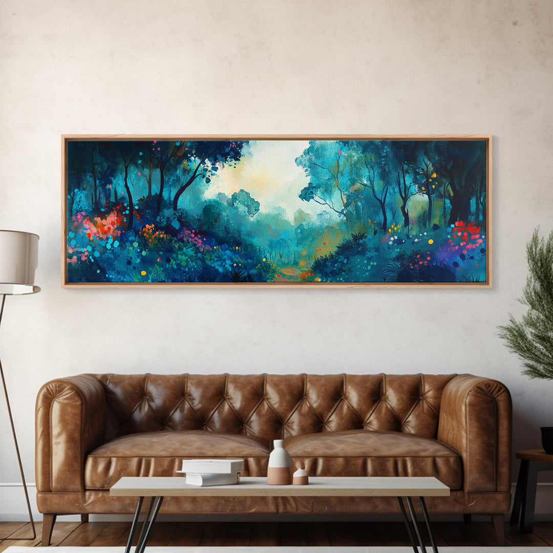 Mystical Forest Framed Canvas Print, Enchanted Woods Art, Vibrant Landscape Wall Art, Nature Home Decor, Boho Aesthetic