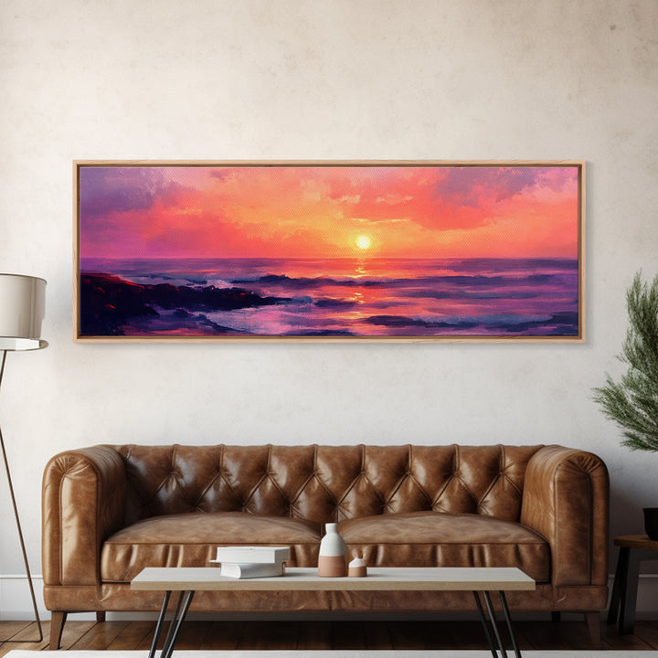 Ocean Sunset Framed Canvas Print, Pink Sky Seascape, Coastal Landscape Wall Art, Beach House Decor, Relaxing Home Aesthetic