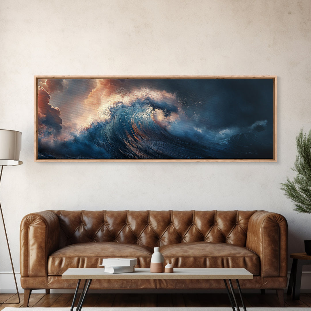 Dramatic Ocean Wave Framed Canvas Print Moody Seascape Wall Art, Deep Blue Stormy Sea Decor, Statement Living Room or Office Art