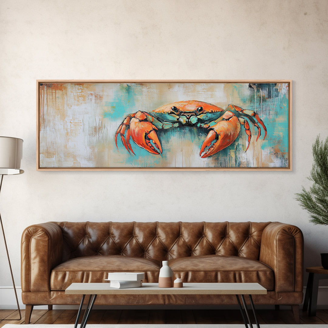 Rustic Crab Art Framed Canvas Print Coastal Nautical Wall Decor, Beach House Kitchen Art, Textured Ocean Painting, Living Room Accent