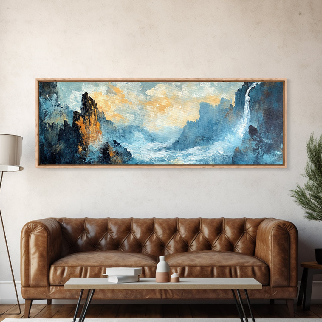 Abstract Mountain Waterfall Wall Art, Moody Landscape Painting, Modern Nature Art, Statement Artwork, Office Wall Decor