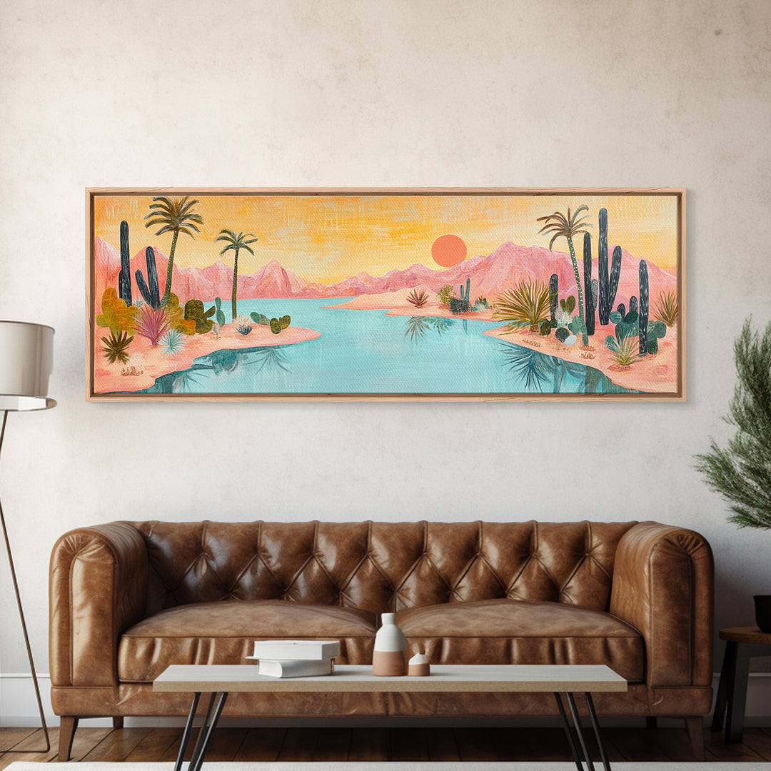 Desert Oasis Landscape Wall Art, Cactus and Palm Trees Painting, Boho Sunset Artwork, Southwest Home Decor, Warm Pink Art