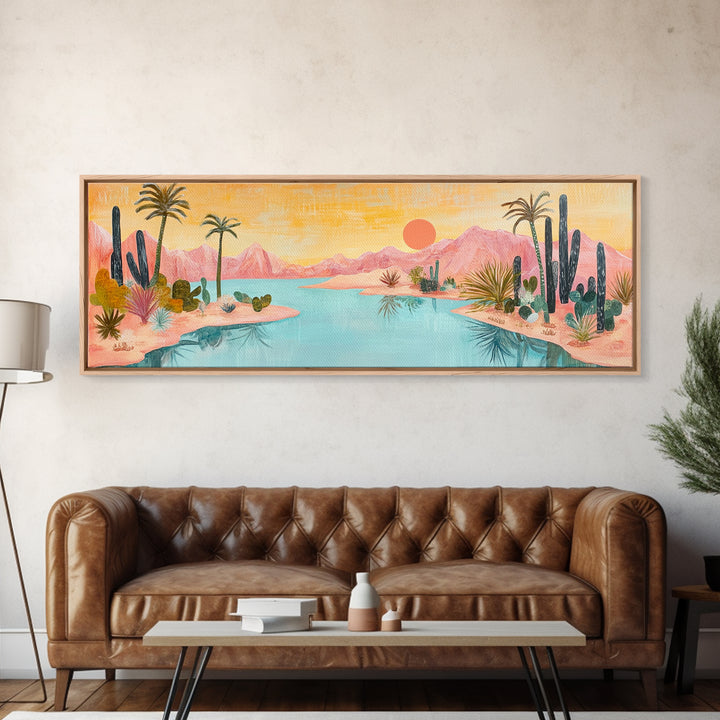 Desert Oasis Landscape Wall Art, Cactus and Palm Trees Painting, Boho Sunset Artwork, Southwest Home Decor, Warm Pink Art