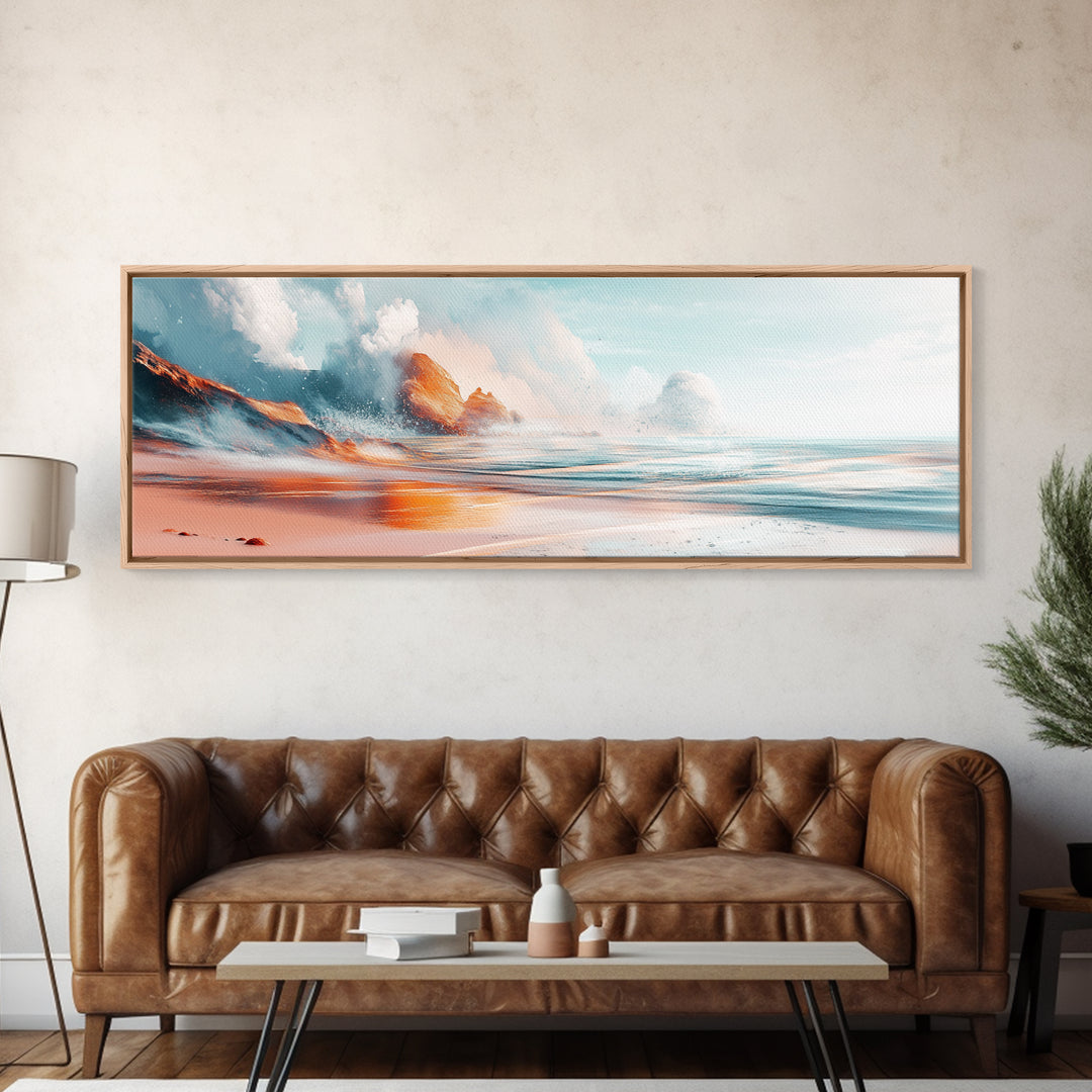 Ocean Wave Sunset Wall Art, Beach Coastal Painting, Serene Seascape Artwork, Relaxing Nautical Decor, Modern Home Accent