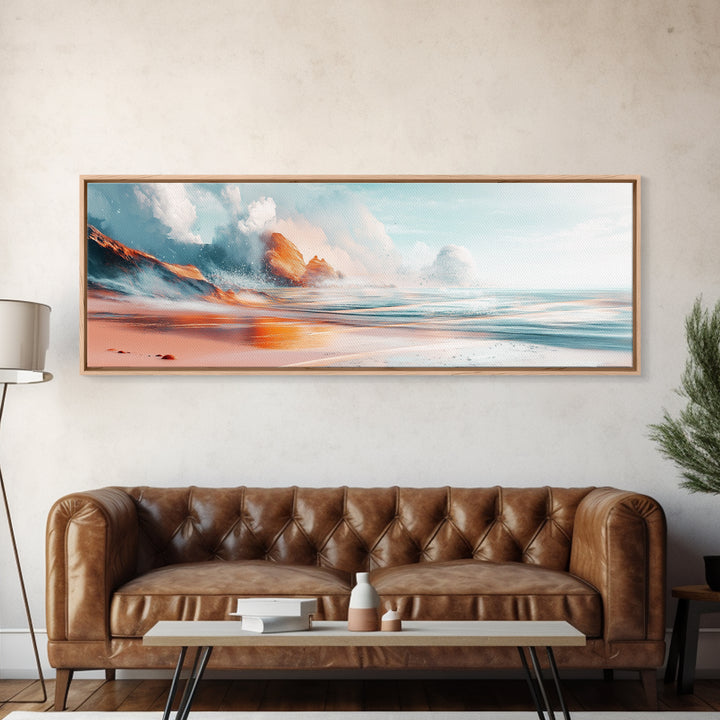 Ocean Wave Sunset Wall Art, Beach Coastal Painting, Serene Seascape Artwork, Relaxing Nautical Decor, Modern Home Accent