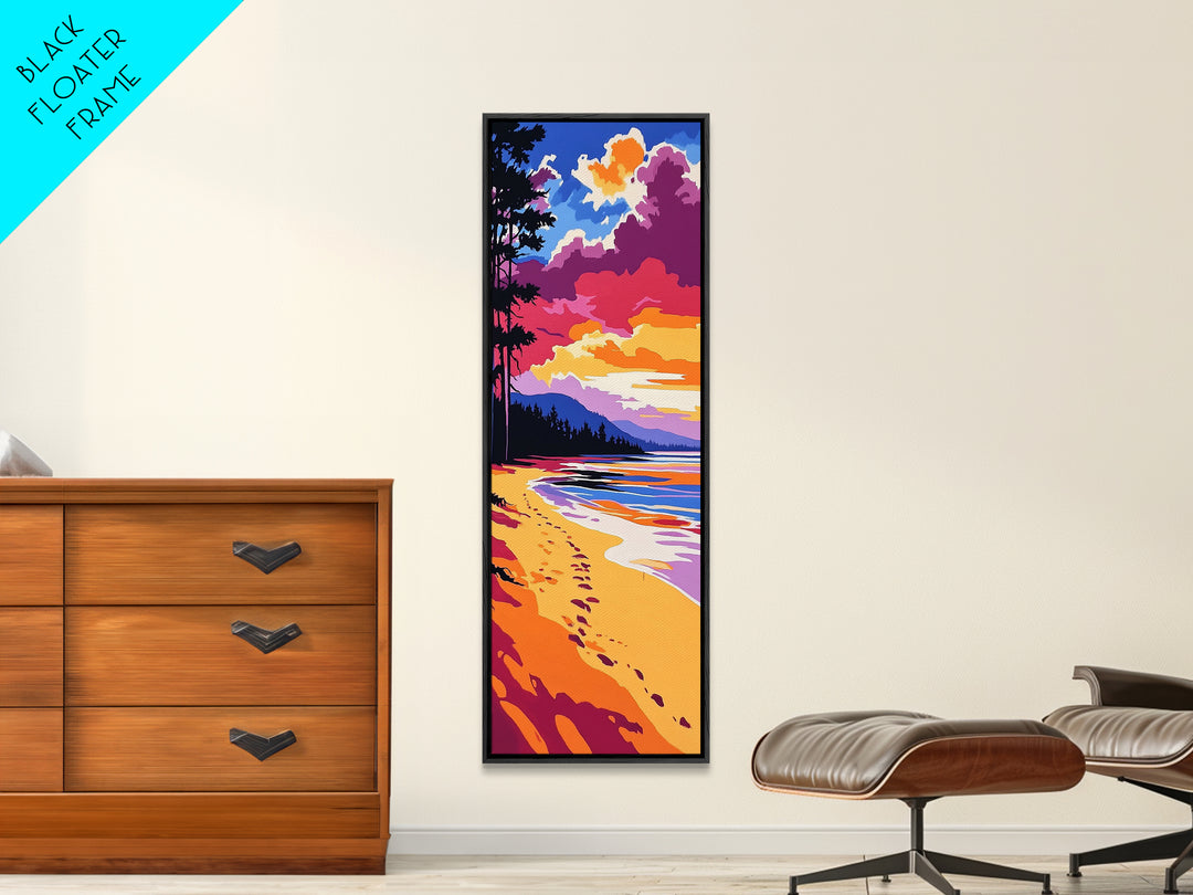 Ocean Shore, Sunset Beach, Serene Coastal Art, Footprints in Sand, Vibrant Seaside Print, Modern Beach House Decor, Framed Canvas Print