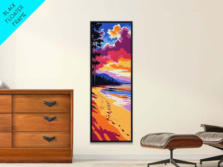 Ocean Shore, Sunset Beach, Serene Coastal Art, Footprints in Sand, Vibrant Seaside Print, Modern Beach House Decor, Framed Canvas Print