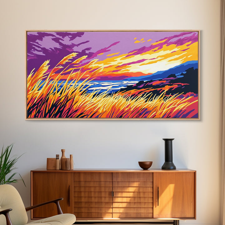 Ocean Sunset Grass, Framed Canvas Print, Coastal Wall Art, Vibrant Nature Painting, Boho Landscape, Beach House Decor, Living Room Art
