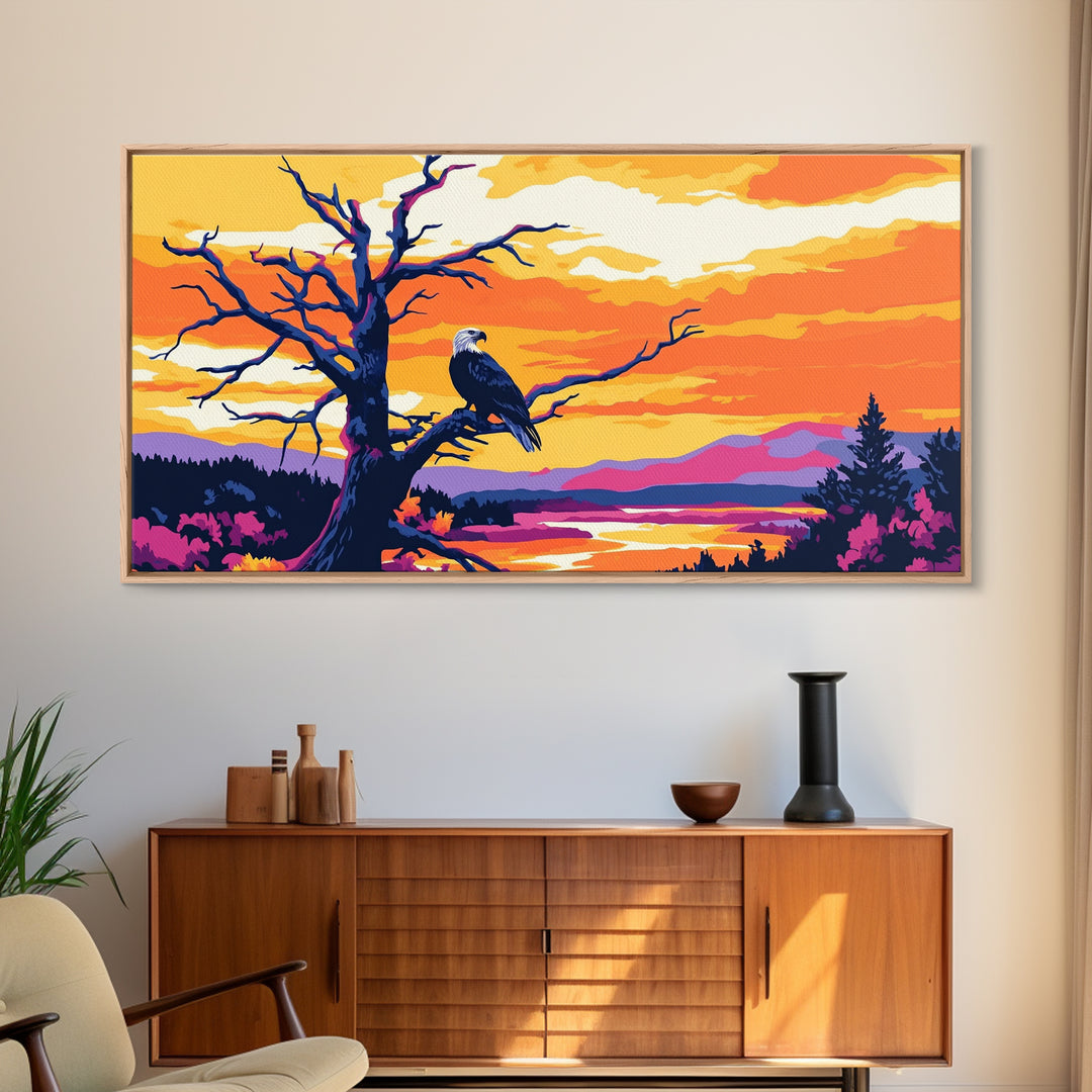 Bald Eagle Sunset, Canvas Print, Wildlife Wall Art, Vibrant Nature Painting, Rustic Decor, Patriotic Home Art, Office Wall Decor
