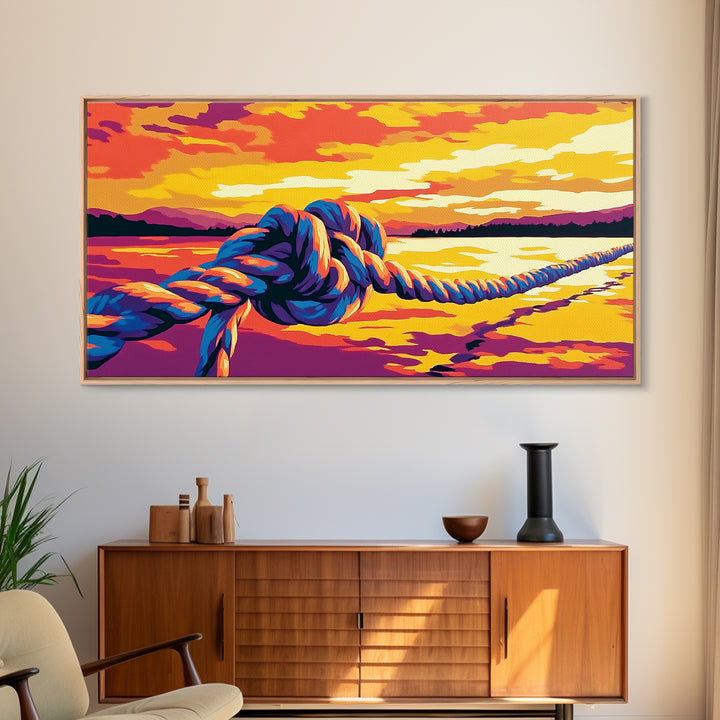 Nautical Rope, Sunset Over Water, Canvas Print, Coastal Wall Art, Beach House Decor, Ocean View, Vibrant Summer Scene, Boho Style