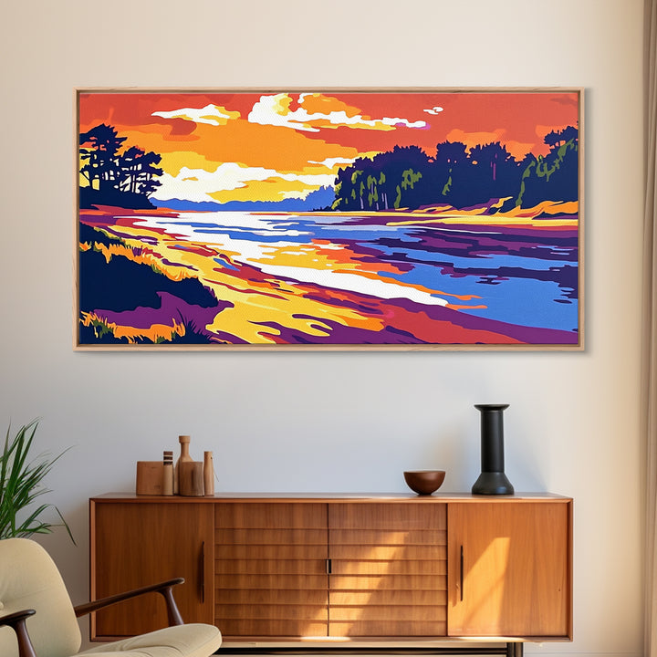 Ocean Shore, Sunset Glow, Coastal Serenity, Framed Canvas Print, Beach House Wall Art, Nautical Decor, Vibrant Seascape Painting