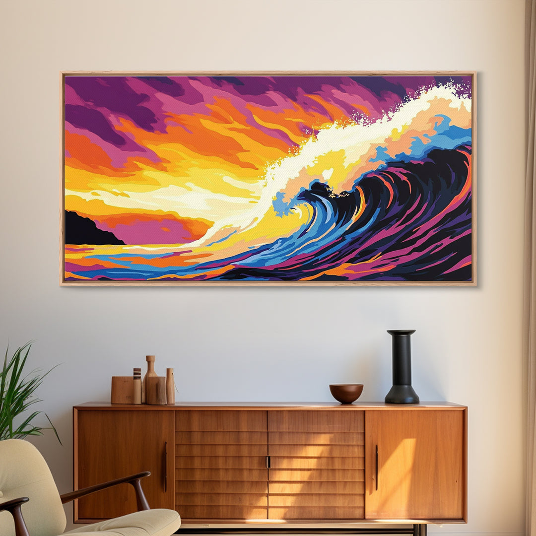 Ocean Wave, Sunset Horizon, Coastal Painting, Seascape Art, Framed Canvas Print, Beach House Wall Decor, Surfer Aesthetic Home Art