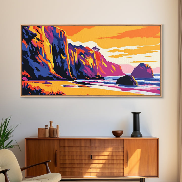 Ocean Cliffs, Coastal Sunset Art, Vibrant Seascape Painting, Beach Wall Decor, Framed Canvas Print, Nautical Home Design, Office Art