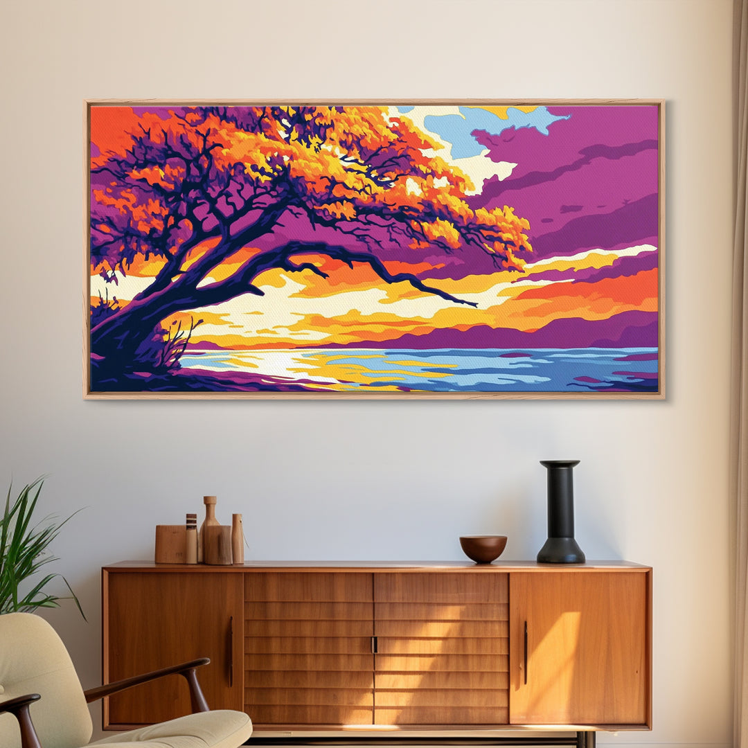 Majestic Tree, Lakeside Sunset, Vibrant Nature Art, Canvas Print, Modern Boho Decor, Living Room Wall Art, Autumn Landscape Painting