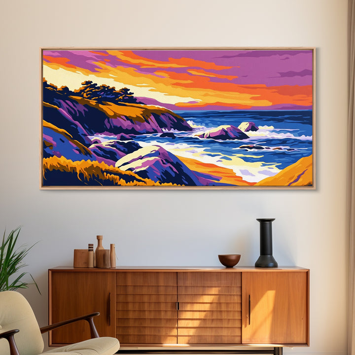 Ocean Sunset, Rolling Waves, Coastal Painting, Colorful Seascape, Nautical Wall Art, Beach House, Bedroom, Framed Canvas Print