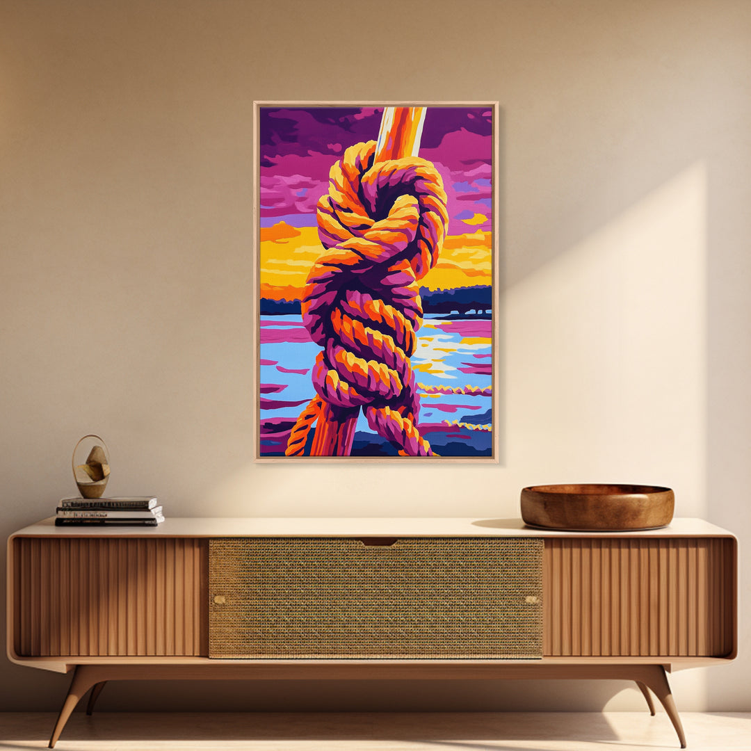 Nautical Knot, Coastal Wall Art, Sunset Over Water, Rustic Rope Art, Framed Canvas Print, Lake House Decor, Nautical Home Accent