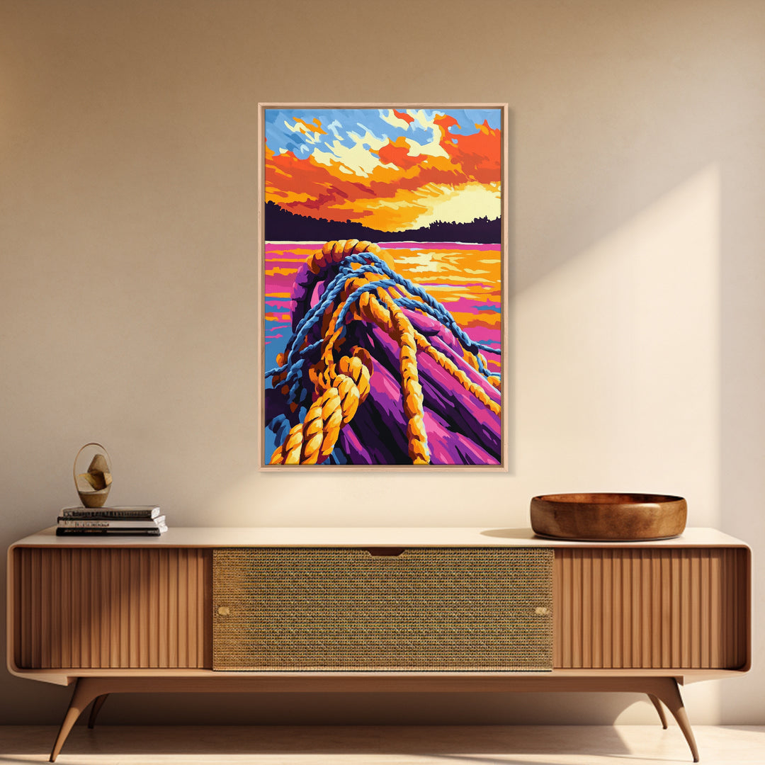 Nautical Rope, Sunset Water, Coastal Art, Canvas Print, Ocean Decor, Vibrant Wall Art, Beach House Decor, Bedroom Wall Art