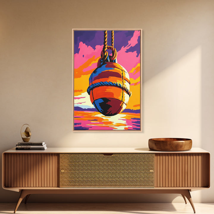 Nautical Buoy, Ocean Sunset, Coastal Art, Framed Canvas Print, Beach Wall Art, Vibrant Home Decor, Seaside Painting, Boat House Artwork