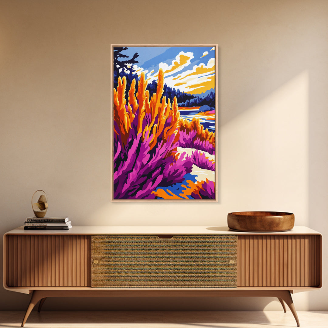 Mountain Wildflower Art, Scenic Landscape Print, Vibrant Nature Painting, Rustic Outdoor Decor, Framed Canvas Print, Boho Cabin Wall Art