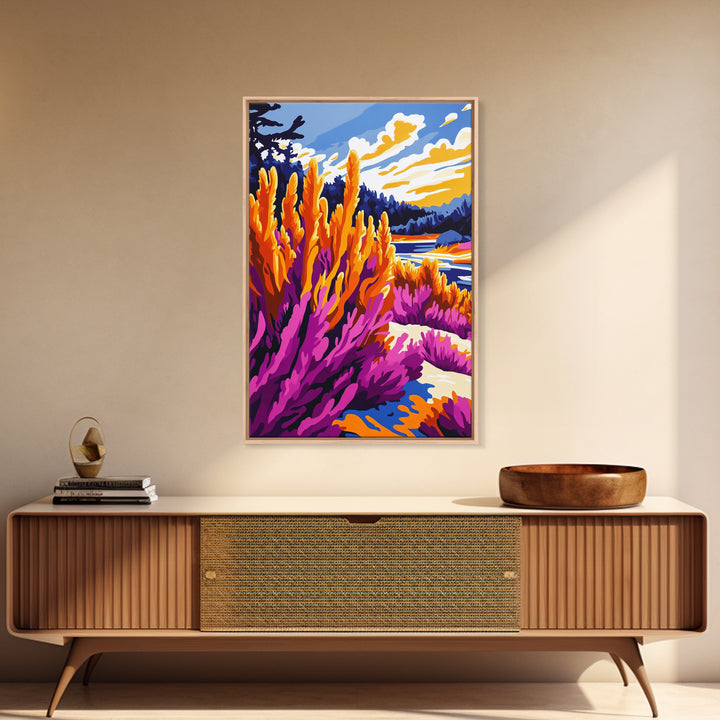 Mountain Wildflower Art, Scenic Landscape Print, Vibrant Nature Painting, Rustic Outdoor Decor, Framed Canvas Print, Boho Cabin Wall Art