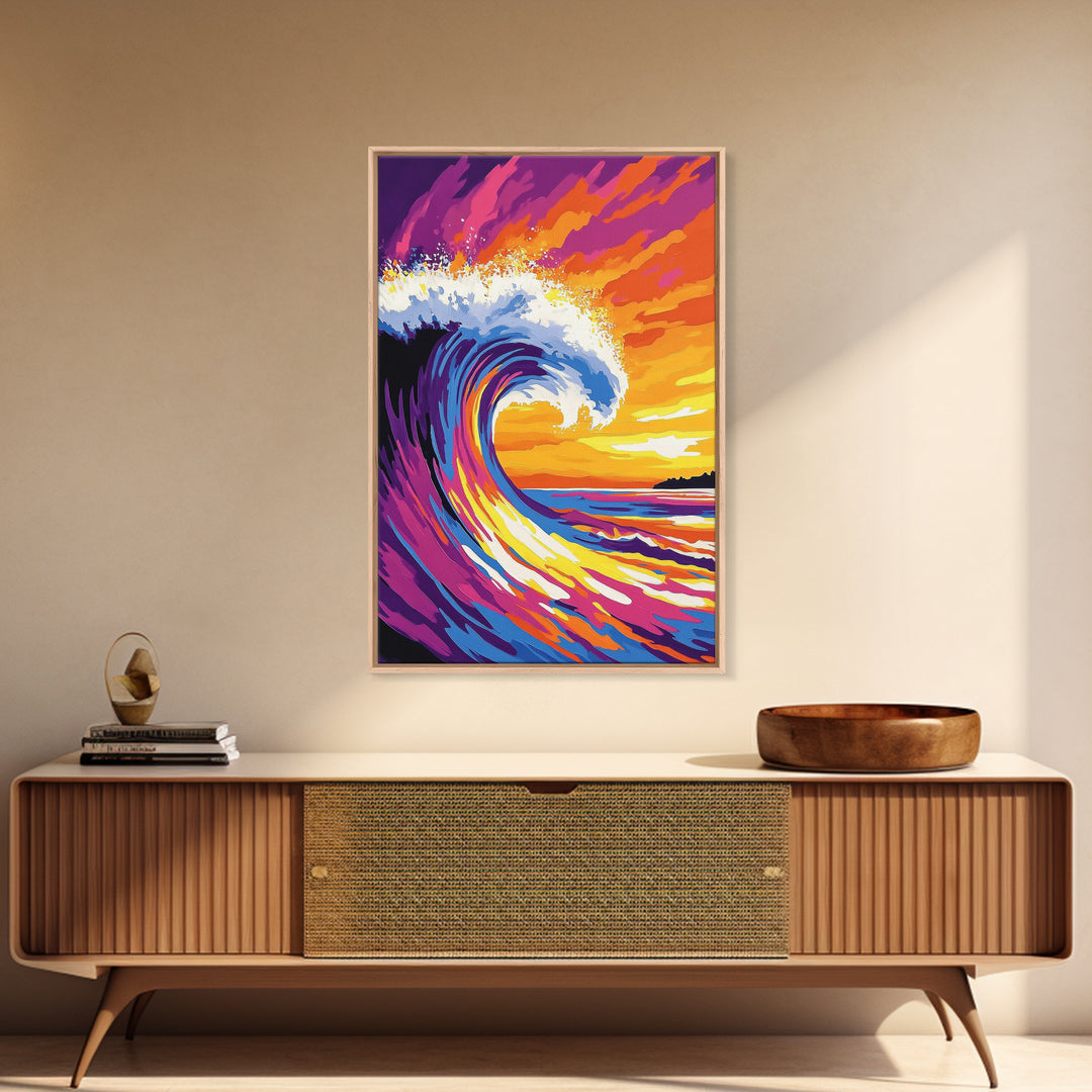 Ocean Wave, Splash, Power, Sunset, Framed Canvas Print, Coastal Decor, Surf Art, Beach House Wall Art, Nautical Theme, Vibrant Blue