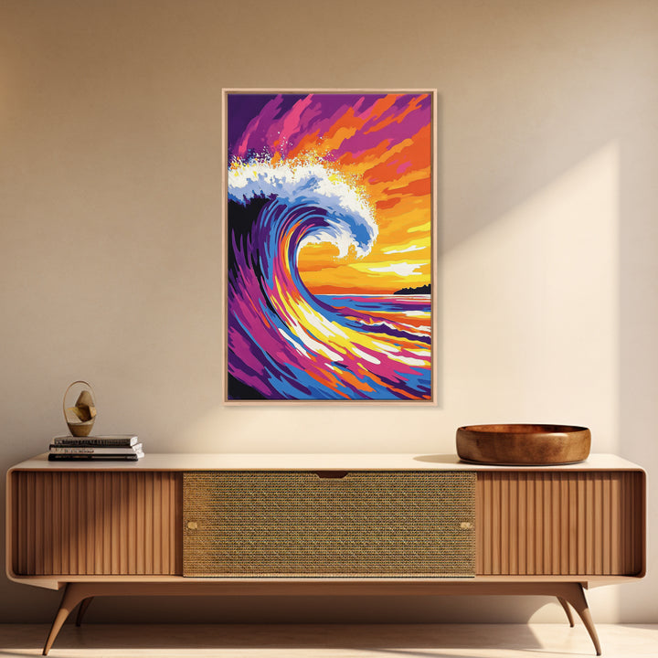 Ocean Wave, Splash, Power, Sunset, Framed Canvas Print, Coastal Decor, Surf Art, Beach House Wall Art, Nautical Theme, Vibrant Blue