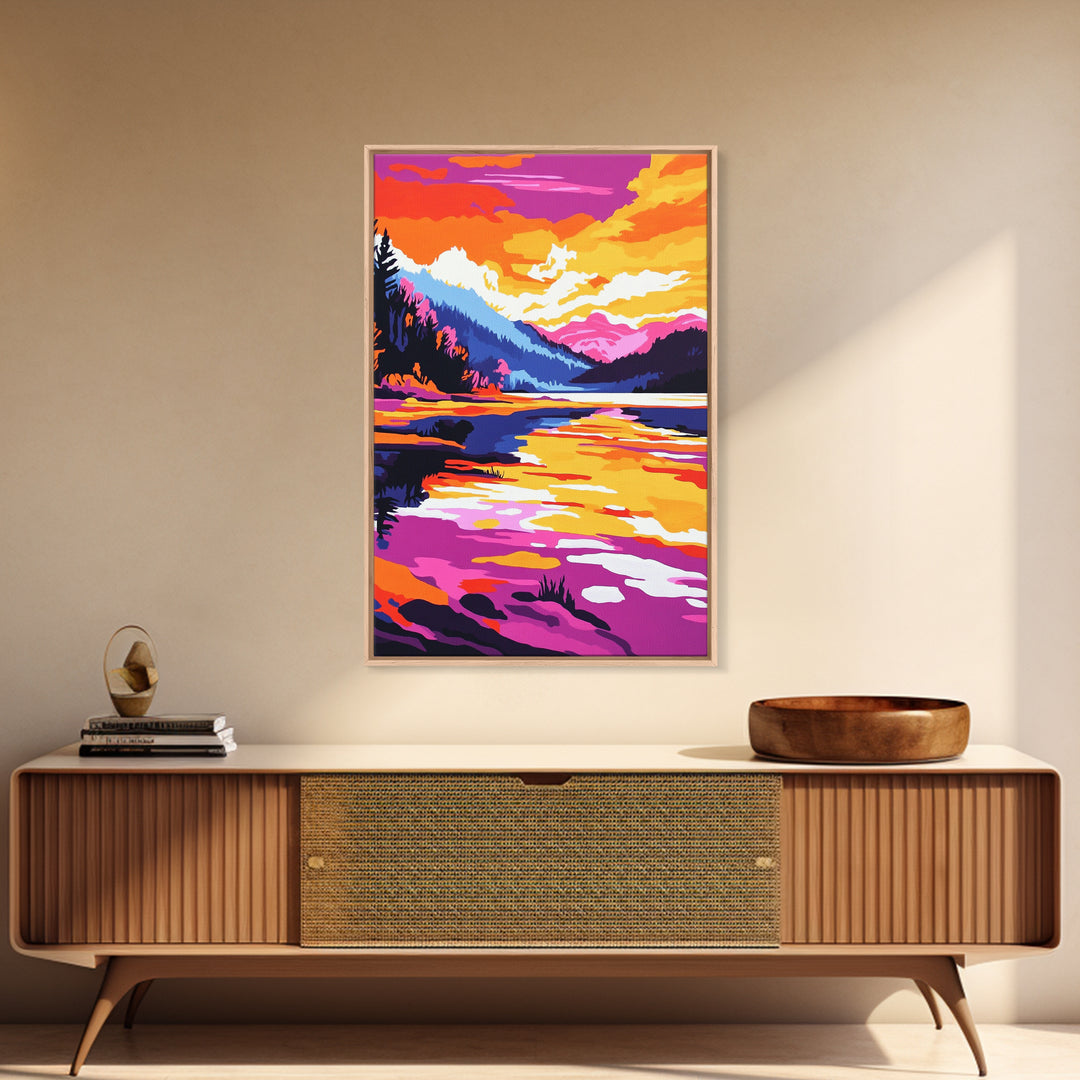 River Valley, Sunset Landscape, Colorful Art, Framed Canvas Print, Nature Wall Decor, Cozy Home Aesthetic, Warm Tones, Rustic Painting
