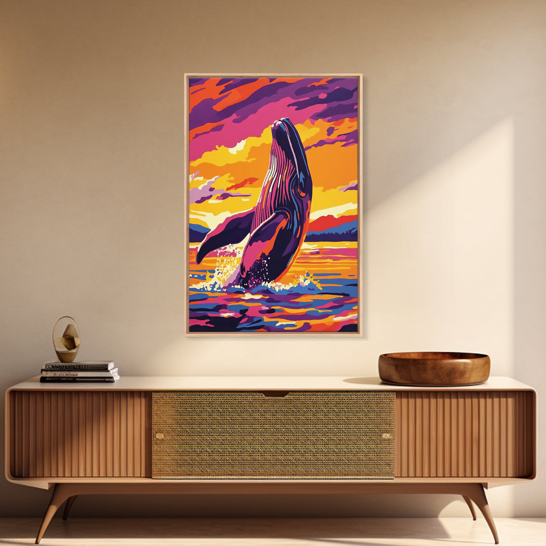 Breaching Whale, Ocean Wildlife Art, Nautical Home Decor, Coastal Sunset Art, Framed Canvas Print, Living Room Wall Art, Marine Painting