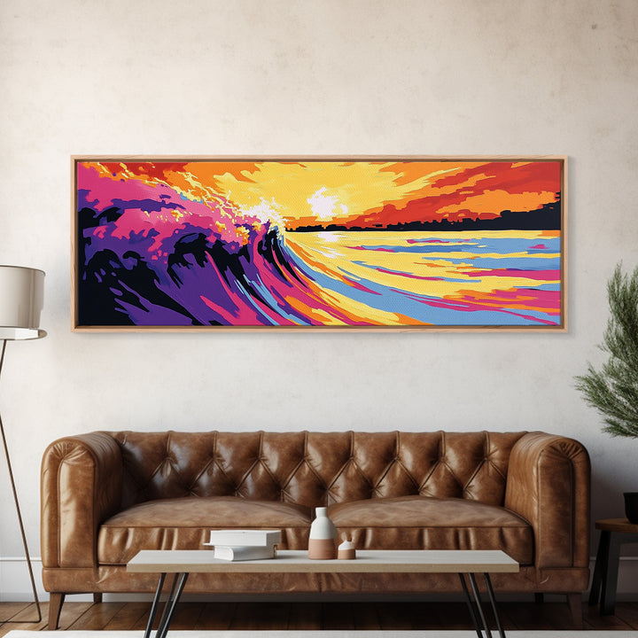 Ocean Wave, Sunset Surf, Coastal Seascape, Vibrant Beach Art, Framed Canvas Print, Surfing Wall Art, Nautical Decor, Beach House Artwork